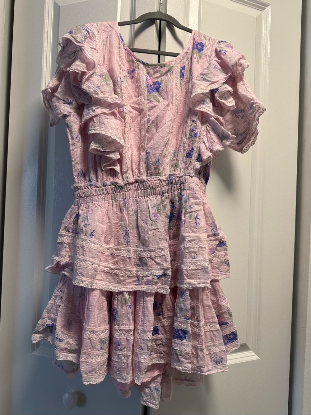 LoveShackFancy Pink Floral Ruffle Tiered Dress